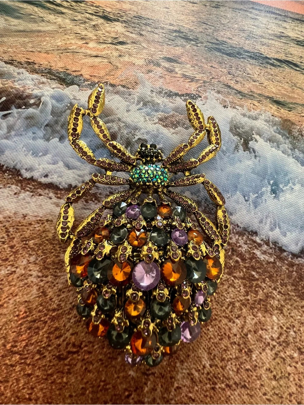 Gold-Tone Crystal Spider Brooch with Amber, Black and Purple Stones